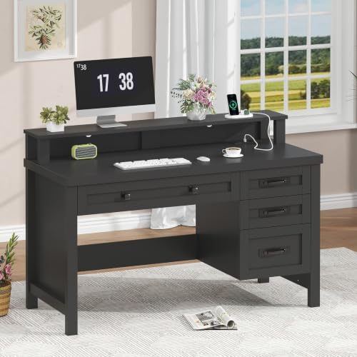 47" Farmhouse Computer Desk with Drawers & Outlets for Home Office, Bedroom