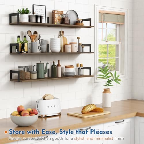 Harwaya Floating Shelves for Wall 36 Inches Long 8 Inch Deep, Large Wall Book Shelves for Bedroom, Rustic Wood Hanging Bookshelf for Living Room Office Kitchen Closet Organizers and Storage - Set of 3