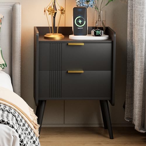 Aenuert Black Nightstand Modern Bedside Table with 2 Storage Drawer, Small Night Stand, Wooden Sofa Side Table for Bedroom, Study Room and Small Spaces