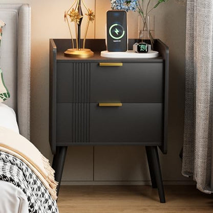 Aenuert Black Nightstand Modern Bedside Table with 2 Storage Drawer, Small Night Stand, Wooden Sofa Side Table for Bedroom, Study Room and Small Spaces