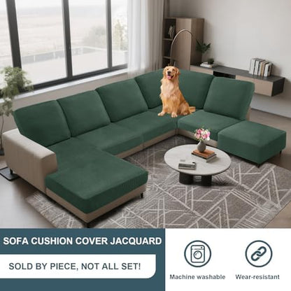 UNBBRRL Seat Cushion Cover and Back Covers for Corner Sofa Stretch Jacquard, Non Slip L Shaped Sofa Slipcover with Storage Ottoman, Sectional Couch Cover for Chaise Lounge (Green,47 x 61 x 6”)
