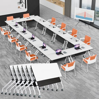 Folding Conference Table, Conference Room Tables with Wheels Foldable Large Rectangle Meeting Seminar Table for 6-12 People, Flip Top Mobile Training Table for Office Classr (2, White+Gray, 55.1in)
