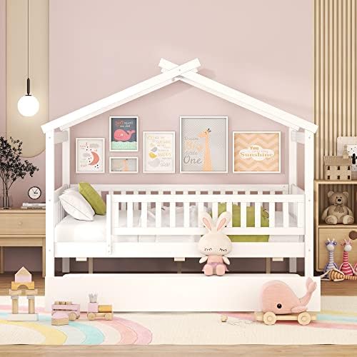 Merax Full Size Wooden House Bed with Twin Size Trundle, Wood Bed Frame with Roof and Safety Guardrail for Kids, Teens, Boys or Girls, White