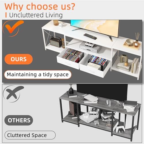 GYIIYUO TV Stand with Fabric Drawer for 65 70 75 Inches TV - Entertainment Center and Industrial TV Console Table with Open Storage Shelves for Living Room, Bedroom - 63" White