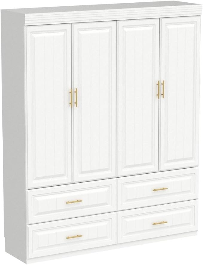 AIEGLE 4-Door Armoire Wardrobe Closet with Drawers, White Coat Closet with Doors, Modern Tall Wardrobe Cabinet Closet with Hanging Rod for Bedroom, Freestanding, White, 20.6" D x 63" W x 74.2" H