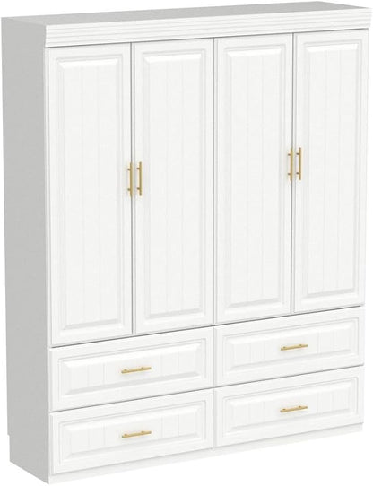 AIEGLE 4-Door Armoire Wardrobe Closet with Drawers, White Coat Closet with Doors, Modern Tall Wardrobe Cabinet Closet with Hanging Rod for Bedroom, Freestanding, White, 20.6" D x 63" W x 74.2" H