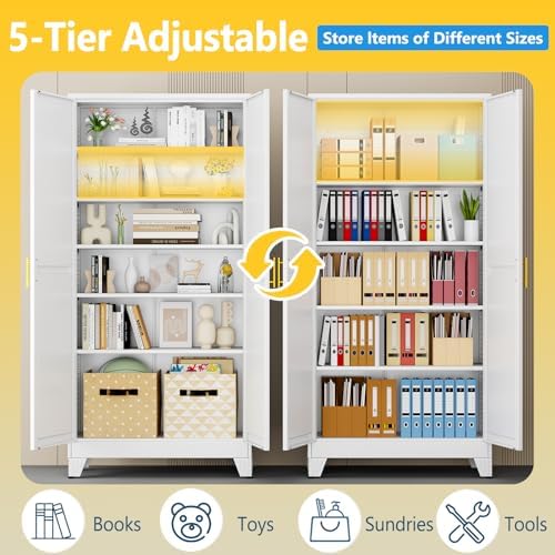 PAOFIN Metal Tall Storage Cabinet with 2 Doors and 5 Adjustable Shelves