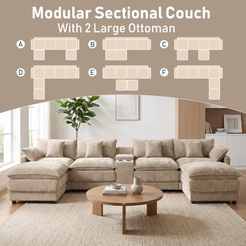 ONEMMLION 163" Oversized Cloud Sectional Couch for Living Room, Light Brown
