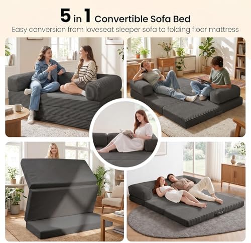 Futon Sofa Bed Queen, Convertible Tri Folding Mattress Couch Bed Foldable with Removable Armrests & Washable Cover, Floor Mattress with High-Density Foam, Small Couch Bed, Queen, Grey