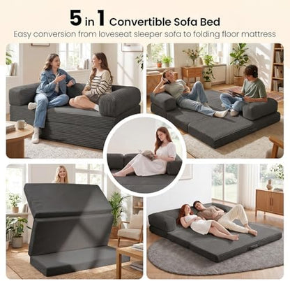 Futon Sofa Bed Queen, Convertible Tri Folding Mattress Couch Bed Foldable with Removable Armrests & Washable Cover, Floor Mattress with High-Density Foam, Small Couch Bed, Queen, Grey