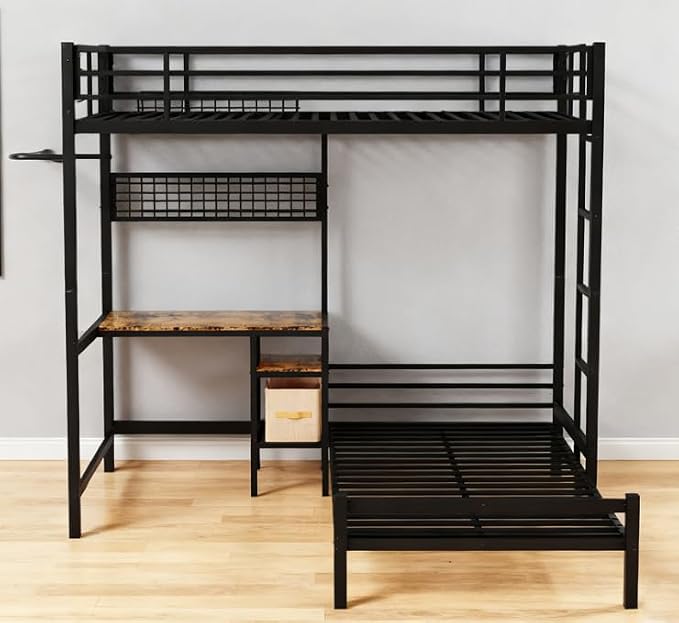 Bellemave Twin Over Twin bunk beds with Desk, loft Bed with Desk and Shelves Drawer, Twin Metal Bunk Beds with Storage, Black