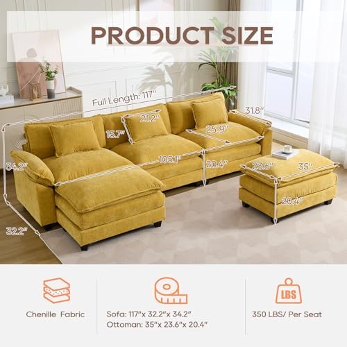 IPKIG 117" Sectional Sofa Cloud Couch, Modern Chenille U-Shaped Couch Comfy Upholstered 3-Seat Sofa with 2 Ottoman, 3 Lumbar Pillow, Deep Seat Modular Sofa for Living Room, Apartment, Studio, Yellow