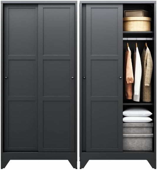 Letaya Armoire Wardrobe Closet,20" Deep Armoire Wardrobe Cabinets with Sliding Doors and Shelves,Narrow Slim Coat Closet Cabinet with Hanging Rod for Home(Black)