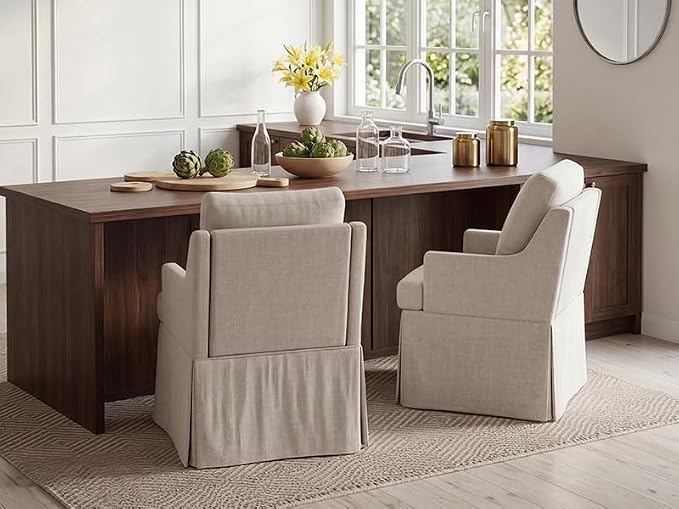 UVV Upholstered Dining Chairs Set of 4, Modern Kitchen Chair Dining Room Chair with 4 Casters, Linen Armchair for Bedroom Reading Room Living Room, Beige