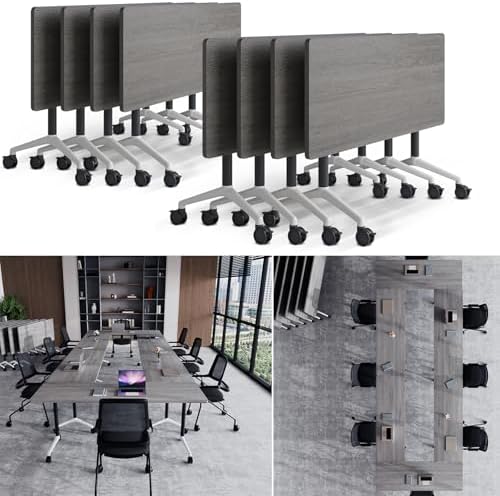Folding Conference Table, Conference Room Tables with Wheels Foldable Large Rectangle Meeting Seminar Table for 6-12 People, Flip Top Mobile Training Table for Office Classr (8, Gray, 61in)