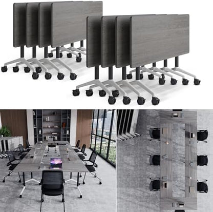 Folding Conference Table, Conference Room Tables with Wheels Foldable Large Rectangle Meeting Seminar Table for 6-12 People, Flip Top Mobile Training Table for Office Classr (8, Gray, 61in)