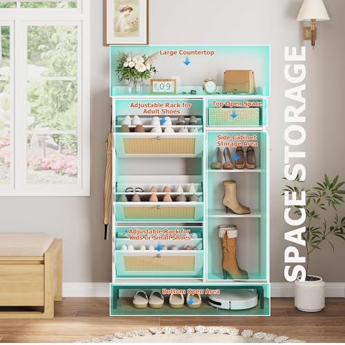 GarveeHome Shoe Cabinet Rattan with 3 Flip Drawers
