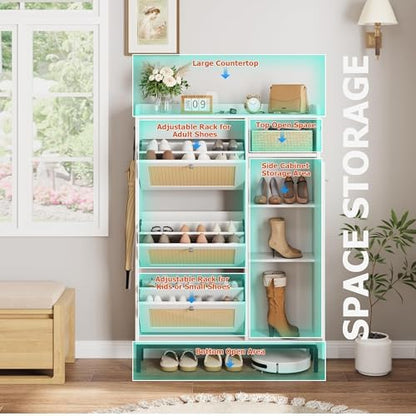 GarveeHome Shoe Cabinet Rattan with 3 Flip Drawers