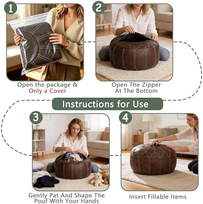 Thgonwid Round Unstuffed Pouf Cover, Faux Leather Storage Ottoman, Boho Moroccan Foot Stool, Multi-Purpose Home Decor for Living Room, Bedroom and Balcony, Deep Coffee, No Filling Included