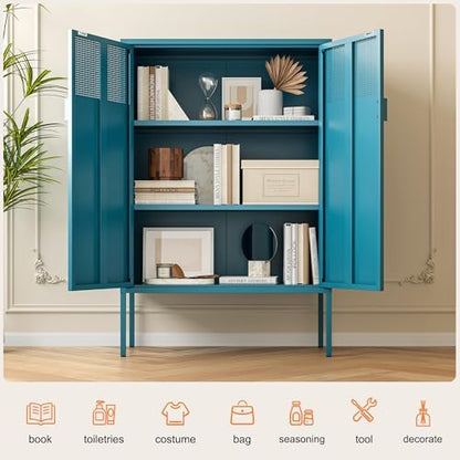 Ustamio Blue Metal Storage Cabinet - 3 Tier Steel Office Storage Cabinet with Doors and Shelves for Home, Office and Kitchen