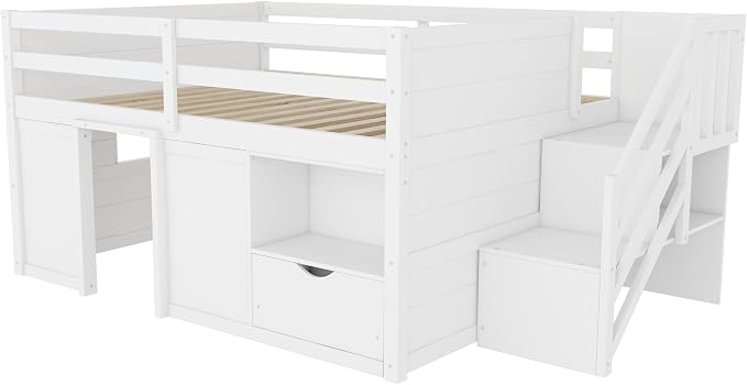 Bellemave Full Size Low loft Bed for Kids,Wood Loft Beds,Modern Farmhouse Full loft Bed,Loft Bed with Desk and Storage, No Box Spring Needed,for Kids, White and Natural
