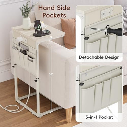 Vagusicc C-Shaped End Table with Charging Station, Small Side Table for Couch, 33" Tall C Table Adjustable Height Side Table, Couch Tables that Slide Under, Sofa Table TV Tray for Living Room, Cream
