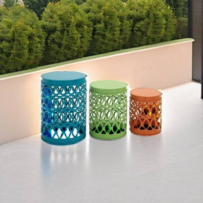 Deco 79 Metal Accent Table, 22", 18", 15"H, Matte Multi Colored | Small outdoor table style, set of 3 accent tables, outdoor end tables for patio, laser cut iron