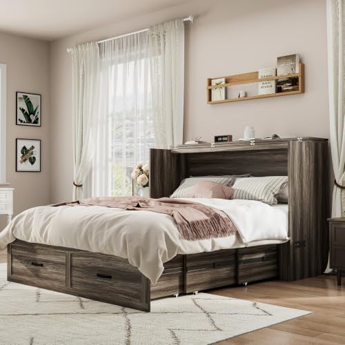 Hlivelood Queen Size Farmhouse Murphy Bed with Drawer&Charging Station,Grey