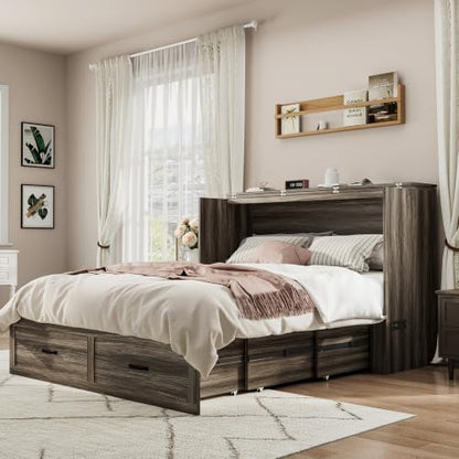 Hlivelood Queen Size Farmhouse Murphy Bed with Drawer&Charging Station,Grey