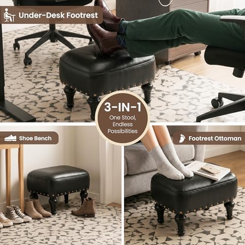 Cmishe Ottoman Leather Footrest,Vintage Footstool,Thickened Foam Upholstered Seat,Wooden Leg Foot Rest,Under Desk Shoe Bench Small Bench for Living Room Dining Room(Black)