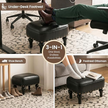 Cmishe Ottoman Leather Footrest,Vintage Footstool,Thickened Foam Upholstered Seat,Wooden Leg Foot Rest,Under Desk Shoe Bench Small Bench for Living Room Dining Room(Black)