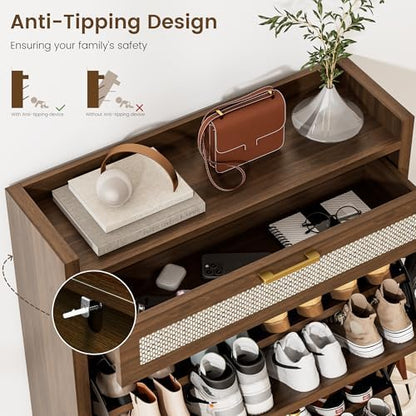 Walnut Rattan Shoe Storage Cabinet