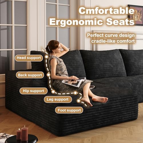 96" Sectional Couches for Living Room Cloud Couch Sofa with L-Shape Upholstered Boneless Couchs Modern Modular Sectional Couch with Chaise (Black, 136.1" U Shape with Left Facing Chaise)