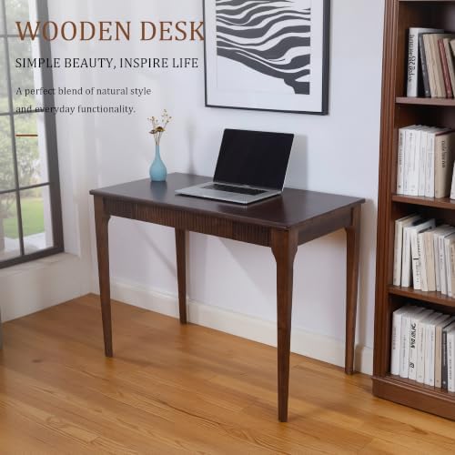 Solid Wood Desk with Drawer, 39inch Walnut Computer Desk