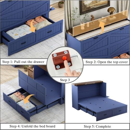 Queen Murphy Bed with Charging Station, Farmhouse Noisy-Free Foldable Cabinet Bed Frame with Storage Drawer, Space Saving Hideaway Wall Bed for Guest Bedroom, Living Room, Office, Blue