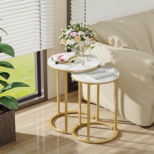 Wisfor Round Nesting Coffee Table: Set of 2 White Sintered Stone Stacking Side Table with Golden Metal Frame - Small Sofa End Table for Living Room Bedroom, 15.7x21.5 (13.8x19.7)