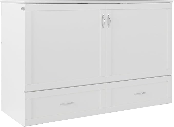 AFI Hamilton Queen Murphy Bed Chest with Mattress, Storage, and Built-in Charger in White