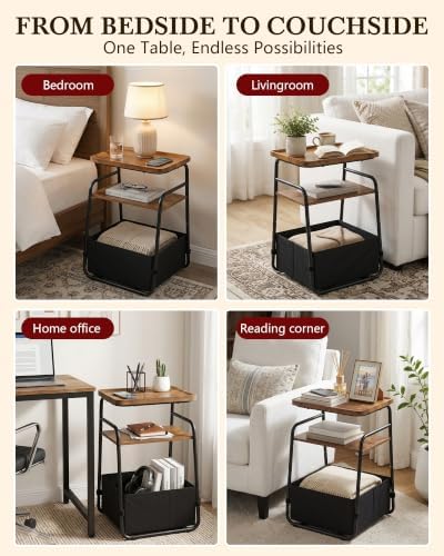 Small Nightstand with Storage, Bedroom Side Table with Fabric Drawer, 3 Tier Bedside Table for Small Spaces, Couch Side Table with Handle, Brown
