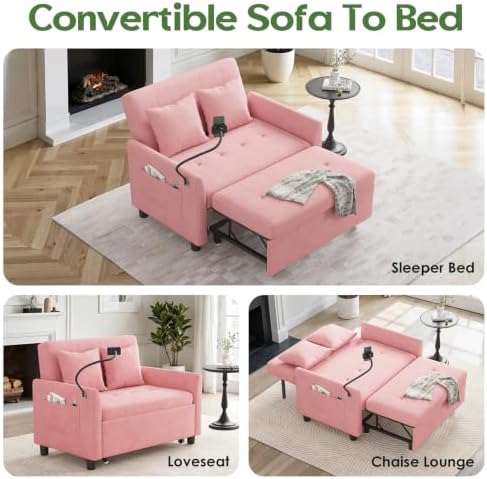 3 in 1 Convertible Pull Out Sleeper Couch Sofa Bed, Pink
