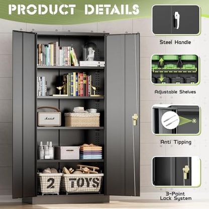 Crownland 72" Metal Storage Cabinet, Lockable Garage Storage Cabinets, High Office Cabinet with Adjustable Shelves for Home Office, Pantry,Classroom, Garage, File(Black)