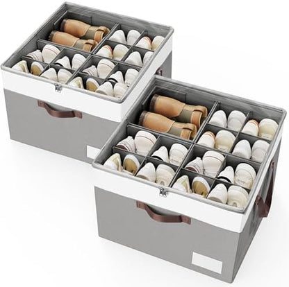 Shoe Organizer for Closet, 2 Pack Foldable Shoe Storage Organizer Box Bin with Adjustable Dividers and Clear Cover, Closet Shoe Storage for Sneakers Sandals Boots, Fit 16-32 Pairs, Gray
