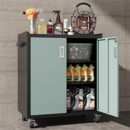COFaR Gray & Black Metal Garage Cabinet with Wheels, Lockable 2-Door