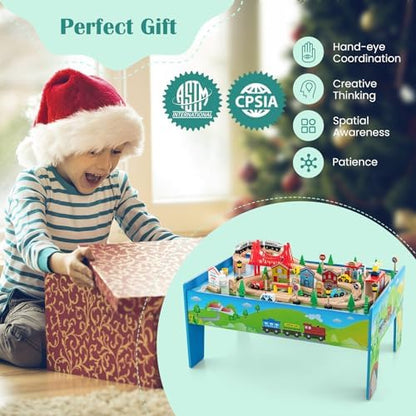 GLACER Train Table, 80 Pieces Wooden Toy Activity Table with Reversible Top