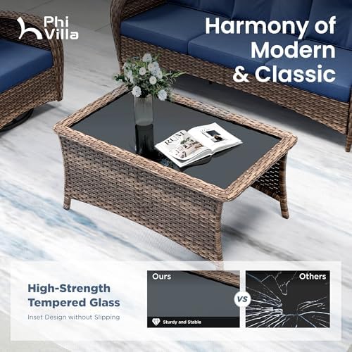 PHI VILLA Patio Furniture Set, 4 Piece Wicker Outdoor Conversation Set