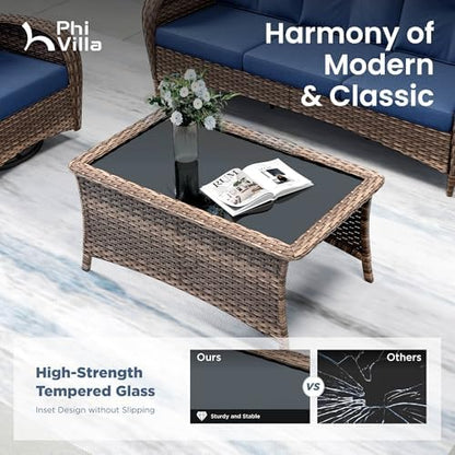 PHI VILLA Patio Furniture Set, 4 Piece Wicker Outdoor Conversation Set