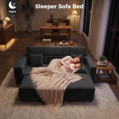 87" Modular Sectional Sofa with Pull Out Bed, Sectional Sleeper Sofa with Adjustable Headrest, Hidden Cup Holder, Storage Arm & Chaise, 4-Seater L Shaped Convertible Couch Bed for Living Room, Grey