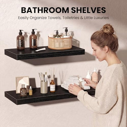 Black Floating Shelves for Wall, 16'' W x 12'' D Wall Mounted Rustic Wood Shelves for Bathroom, Bedroom, Living Room, Kitchen, Hanging Shelf for Storage/Room Decor with Heavy Duty Brackets, 2 Pack