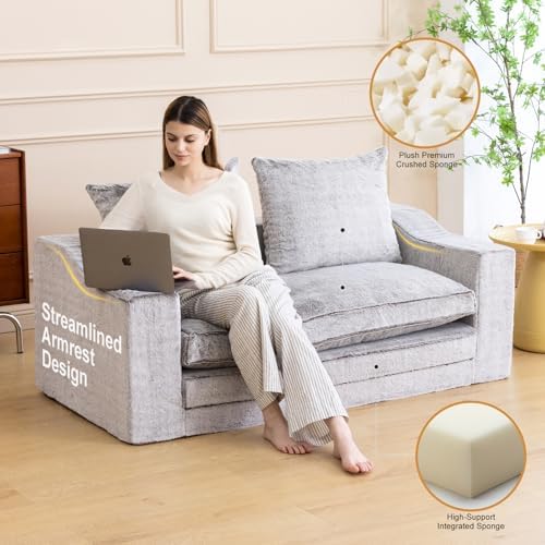 61" Boneless Loveseat Sleeper, Folding Sofa Bed, Faux Fur Cover, Dove Grey