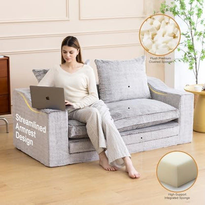 61" Boneless Loveseat Sleeper, Folding Sofa Bed, Faux Fur Cover, Dove Grey
