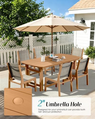 HDPE Outdoor Dining Set, Patio Table and 6 Stackable Chairs, Teak